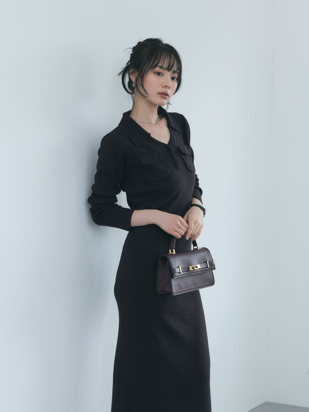 【Essential】Rib knit pocket design one piece