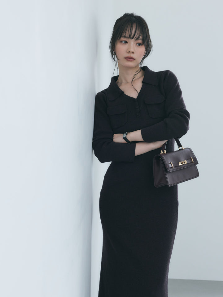 【Essential】Rib knit pocket design one piece
