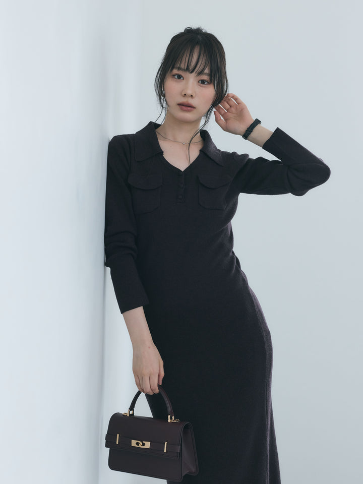 【Essential】Rib knit pocket design one piece