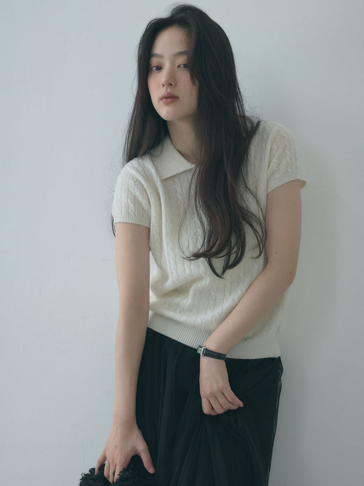 【SET】ウールニットケーブルデザイン半袖ポロトップス+ボリュームチュールスカート(2set)