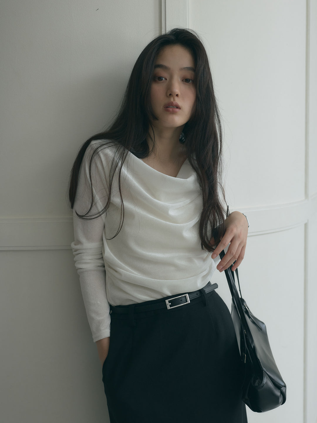 【SET】シアーベロアドレープトップス+【Essential】Authentic wool like pencil skirt(2set)