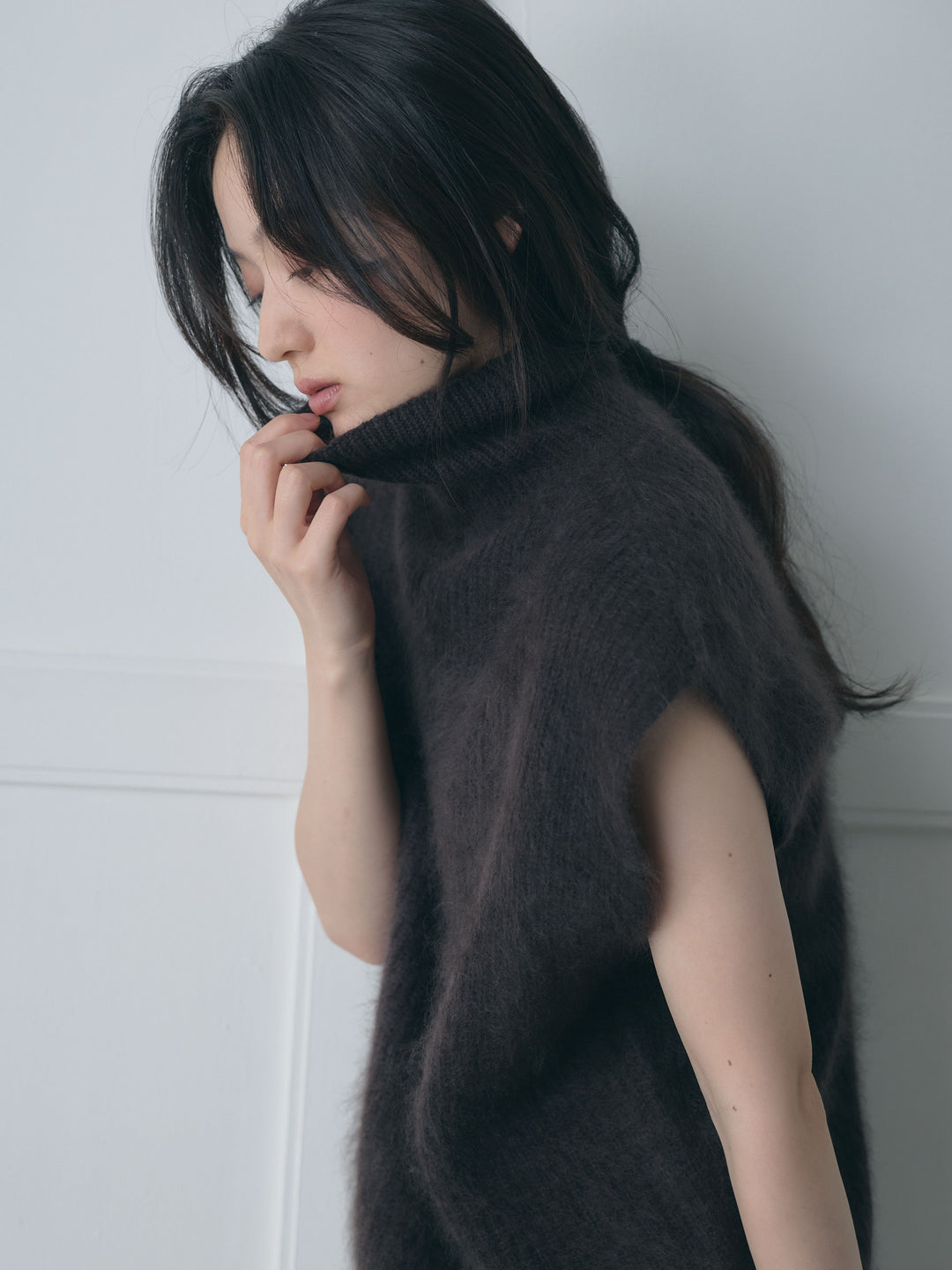 【SET】ウールニットハイネックフレンチスリーブトップス+ナローAラインサテンスカート(2set)