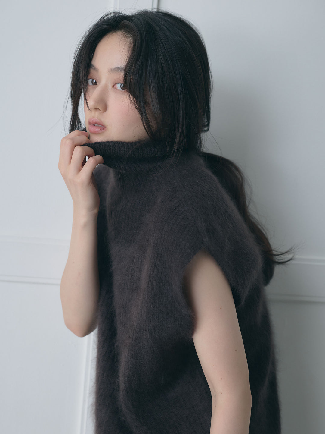 【SET】ウールニットハイネックフレンチスリーブトップス+ナローAラインサテンスカート(2set)