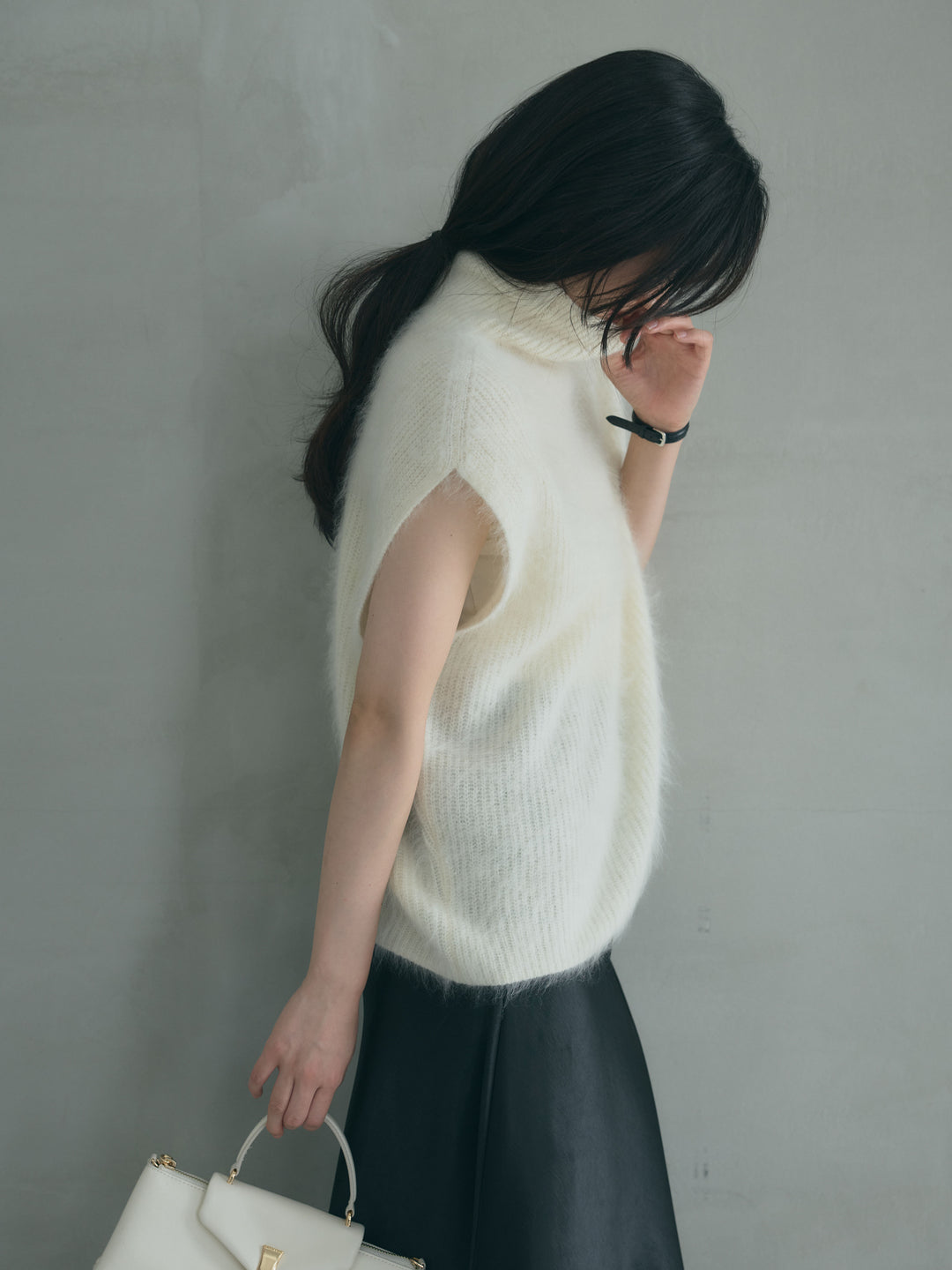 【SET】ウールニットハイネックフレンチスリーブトップス+ナローAラインサテンスカート(2set)