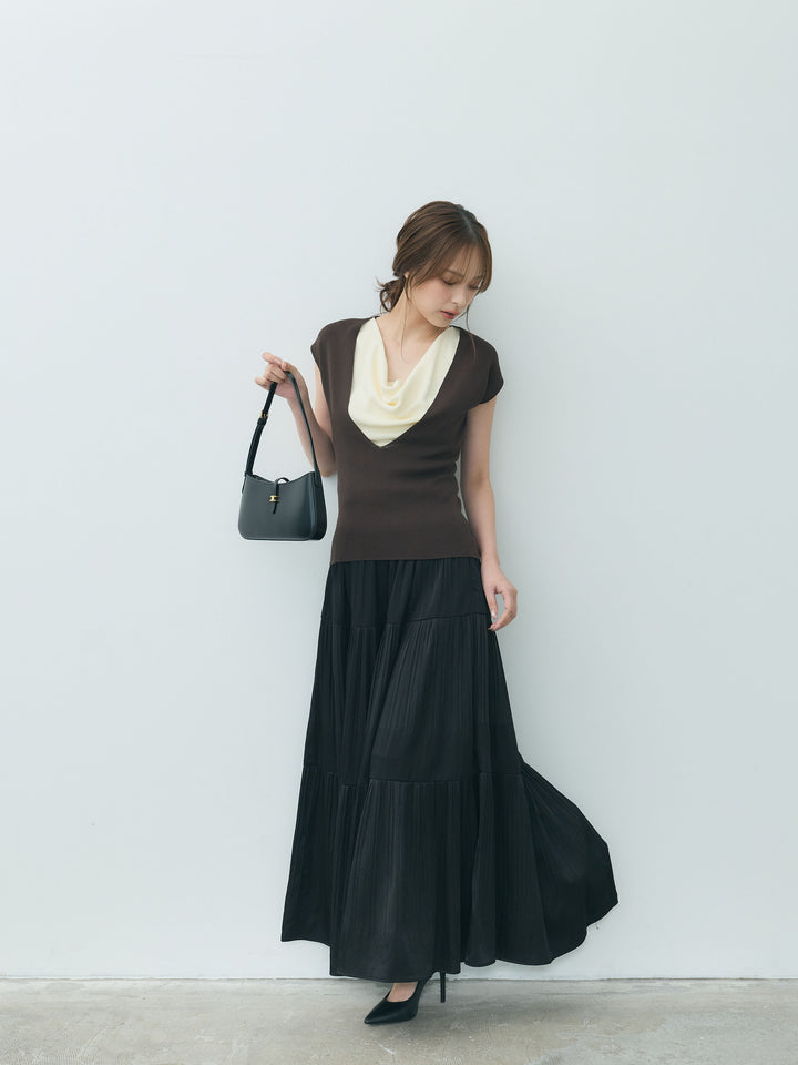 【Essential】Soft sheen tiered flare skirt
