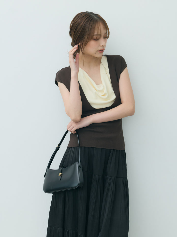 【SET】ドレープレイヤードノースリーブニットトップス+【Essential】Soft sheen tiered flare skirt(2set)