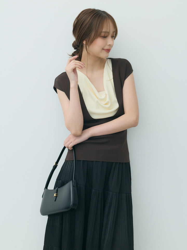 【SET】ドレープレイヤードノースリーブニットトップス+【Essential】Soft sheen tiered flare skirt(2set)