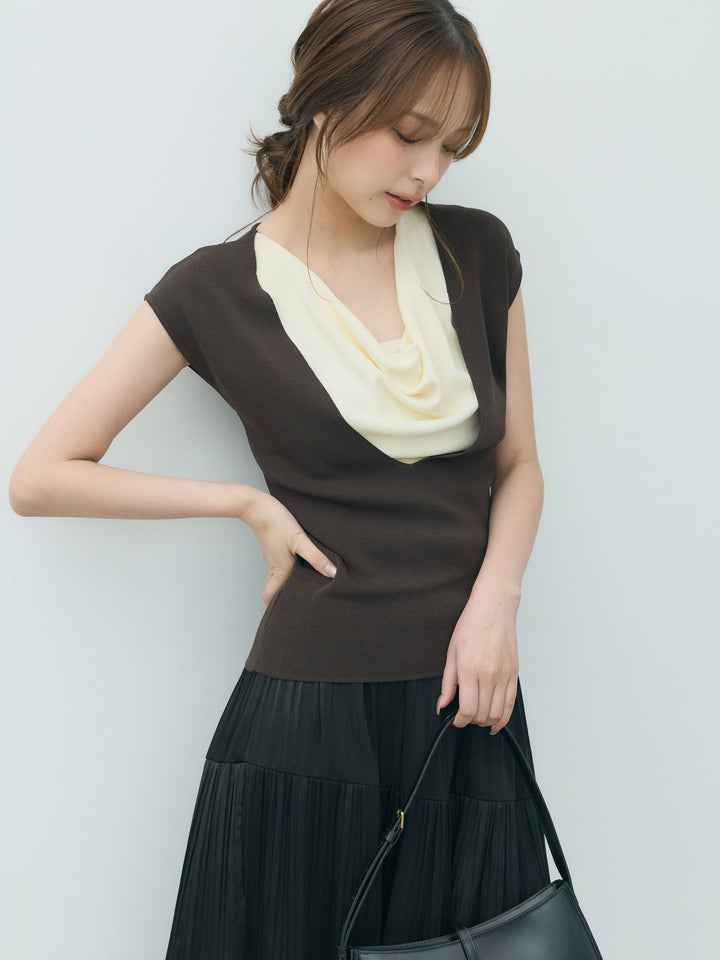 【SET】ドレープレイヤードノースリーブニットトップス+【Essential】Soft sheen tiered flare skirt(2set)