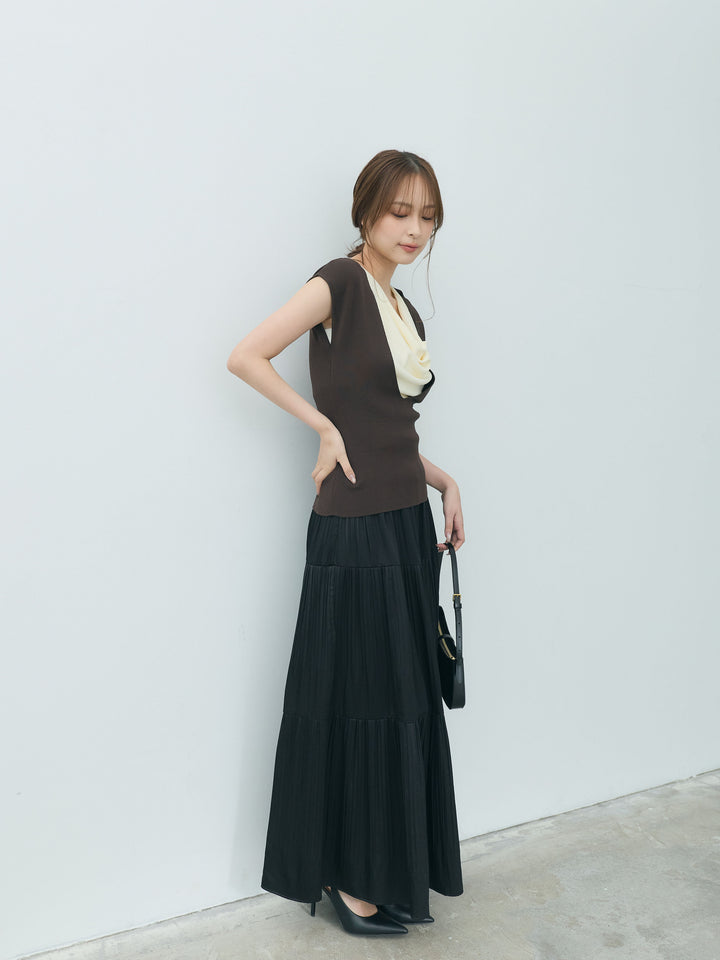 【SET】ドレープレイヤードノースリーブニットトップス+【Essential】Soft sheen tiered flare skirt(2set)