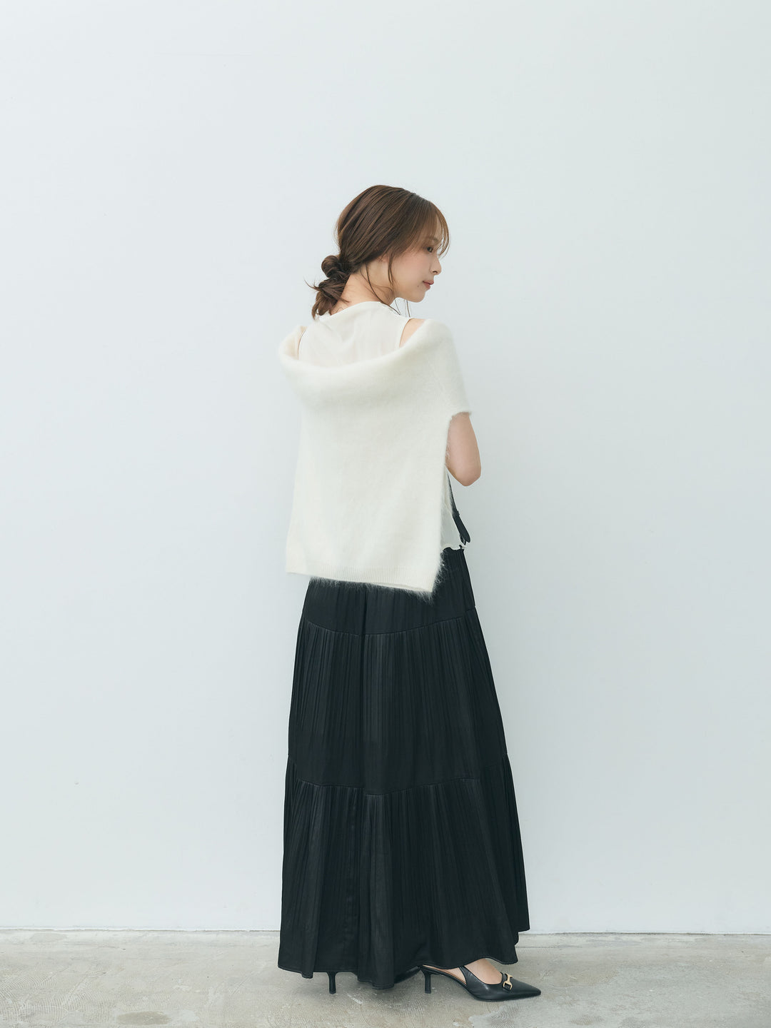 【Essential】Soft sheen tiered flare skirt