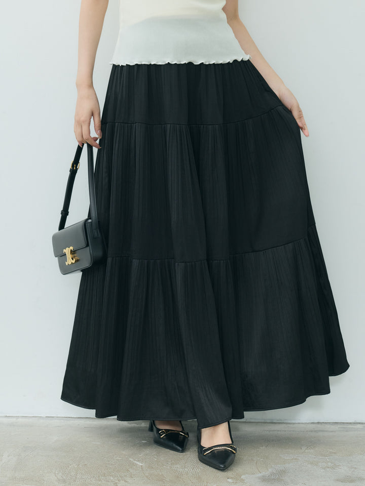 【Essential】Soft sheen tiered flare skirt