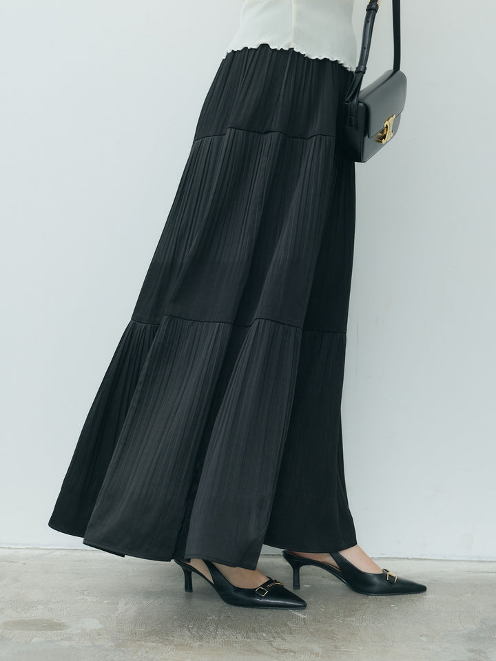 【Essential】Soft sheen tiered flare skirt