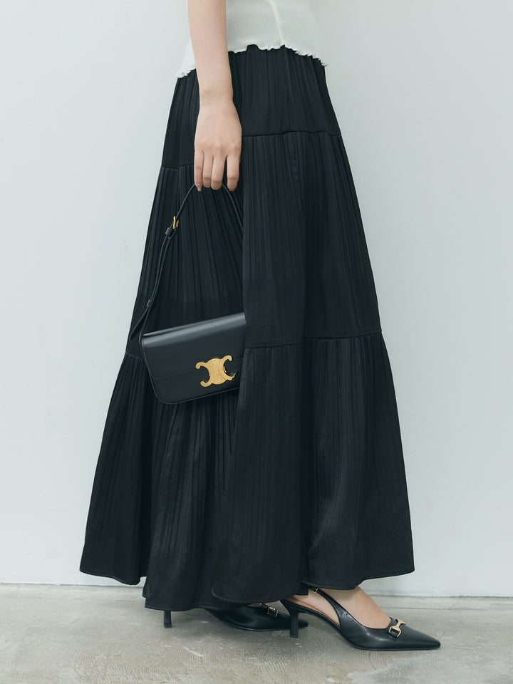 【Essential】Soft sheen tiered flare skirt