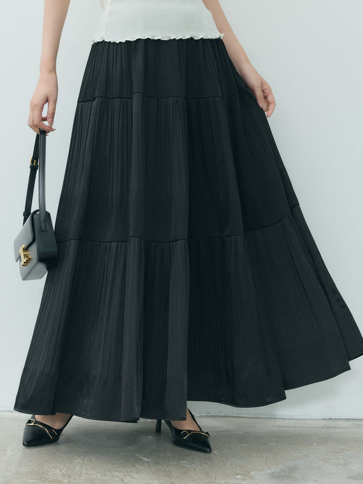 【Essential】Soft sheen tiered flare skirt