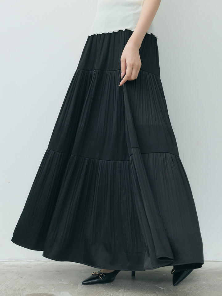 【Essential】Soft sheen tiered flare skirt
