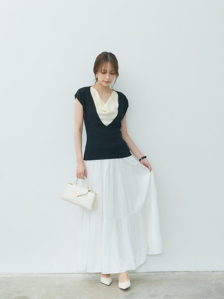 【Essential】Soft sheen tiered flare skirt