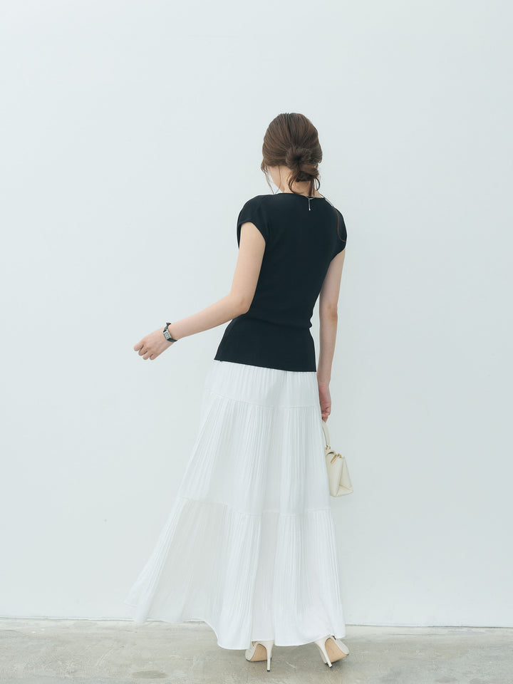 【SET】ドレープレイヤードノースリーブニットトップス+【Essential】Soft sheen tiered flare skirt(2set)