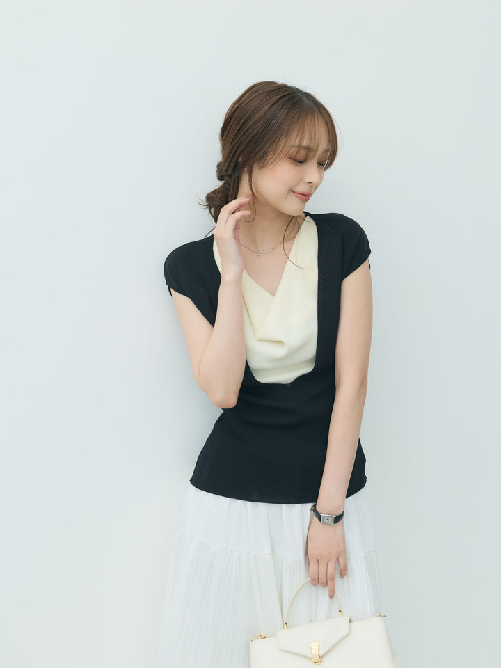 【SET】ドレープレイヤードノースリーブニットトップス+【Essential】Soft sheen tiered flare skirt(2set)