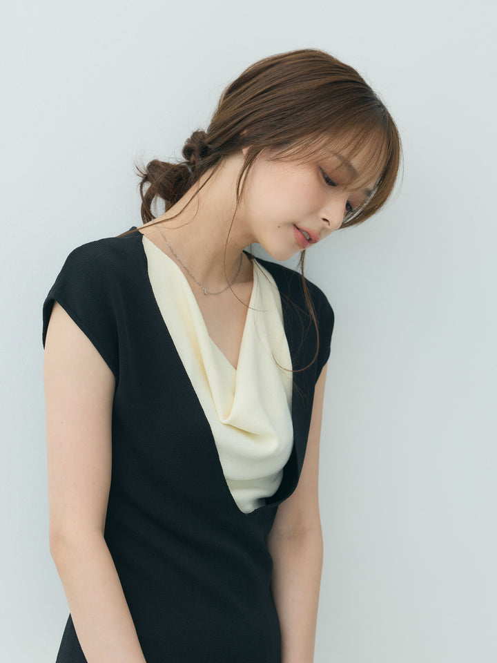【SET】ドレープレイヤードノースリーブニットトップス+【Essential】Soft sheen tiered flare skirt(2set)