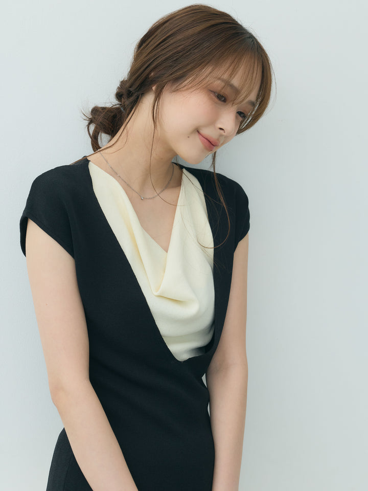 【SET】ドレープレイヤードノースリーブニットトップス+【Essential】Soft sheen tiered flare skirt(2set)