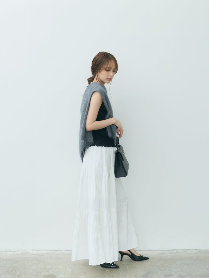 【SET】ベロア裾メロウノースリーブトップス+【Essential】Soft sheen tiered flare skirt(2set)