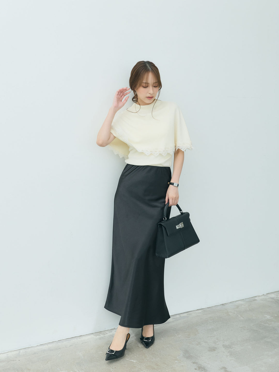 【SET】レーストリムケープデザインニット&ニットタンクトップアンサンブルSET+ナローAラインサテンスカート(2set)