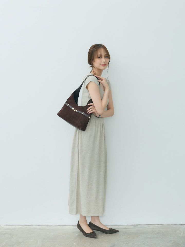 Vネック切り替えソフトストレッチニットワンピース