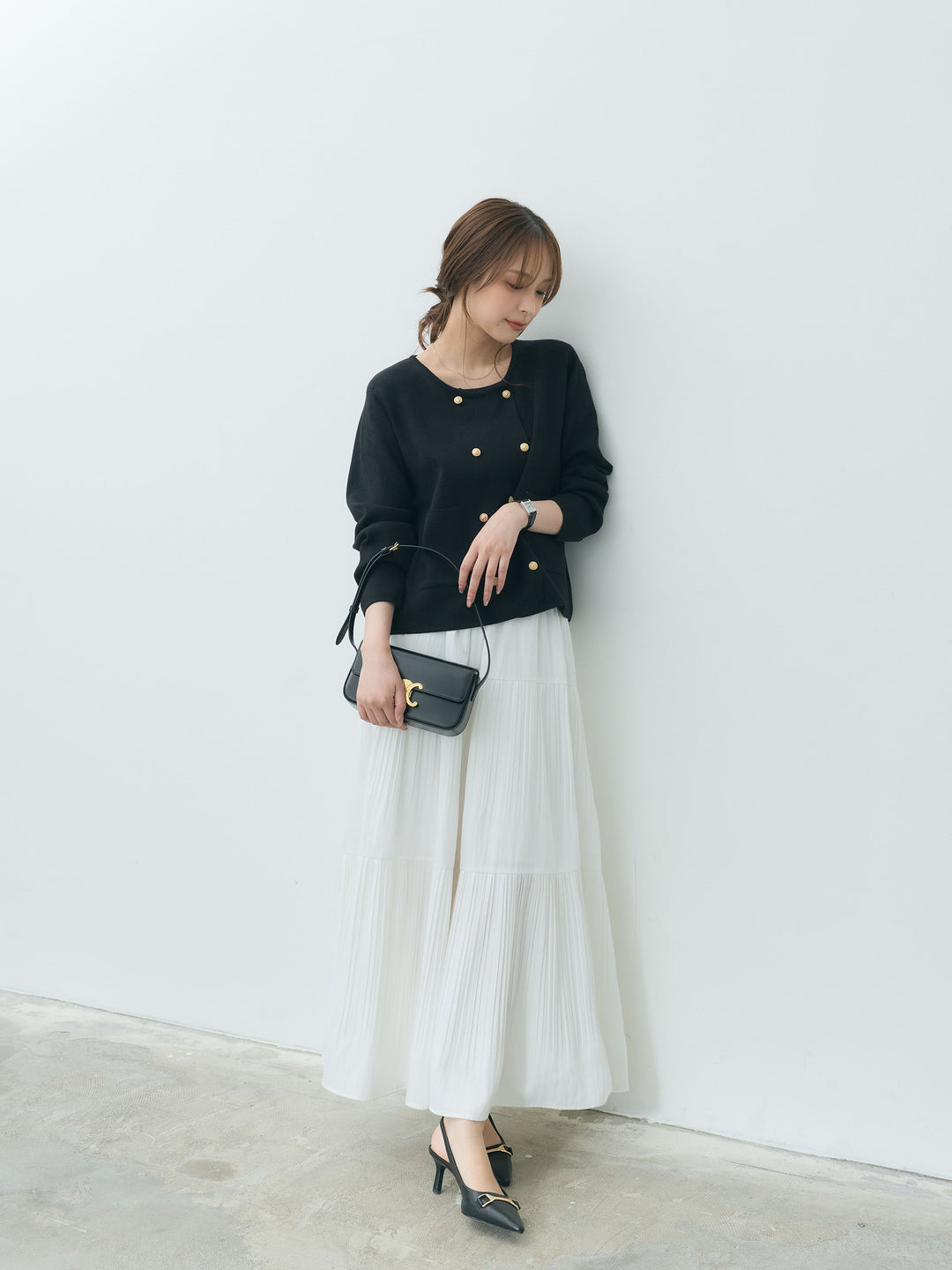 【Essential】Soft sheen tiered flare skirt