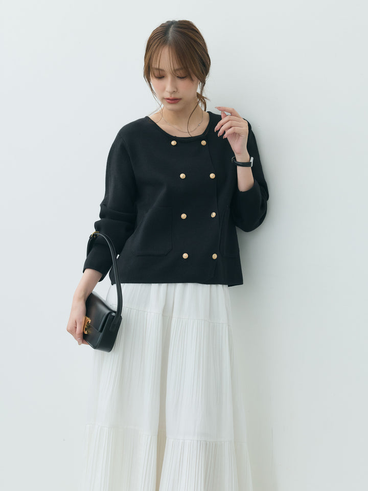 【SET】ダブルゴールドボタンクルーネックニットカーディガン+【Essential】Soft sheen tiered flare skirt(2set)