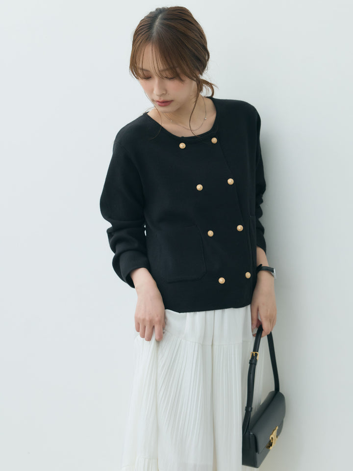 【SET】ダブルゴールドボタンクルーネックニットカーディガン+【Essential】Soft sheen tiered flare skirt(2set)