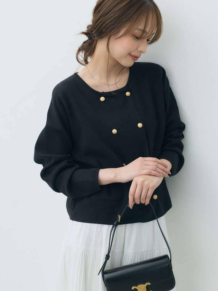 【SET】ダブルゴールドボタンクルーネックニットカーディガン+【Essential】Soft sheen tiered flare skirt(2set)