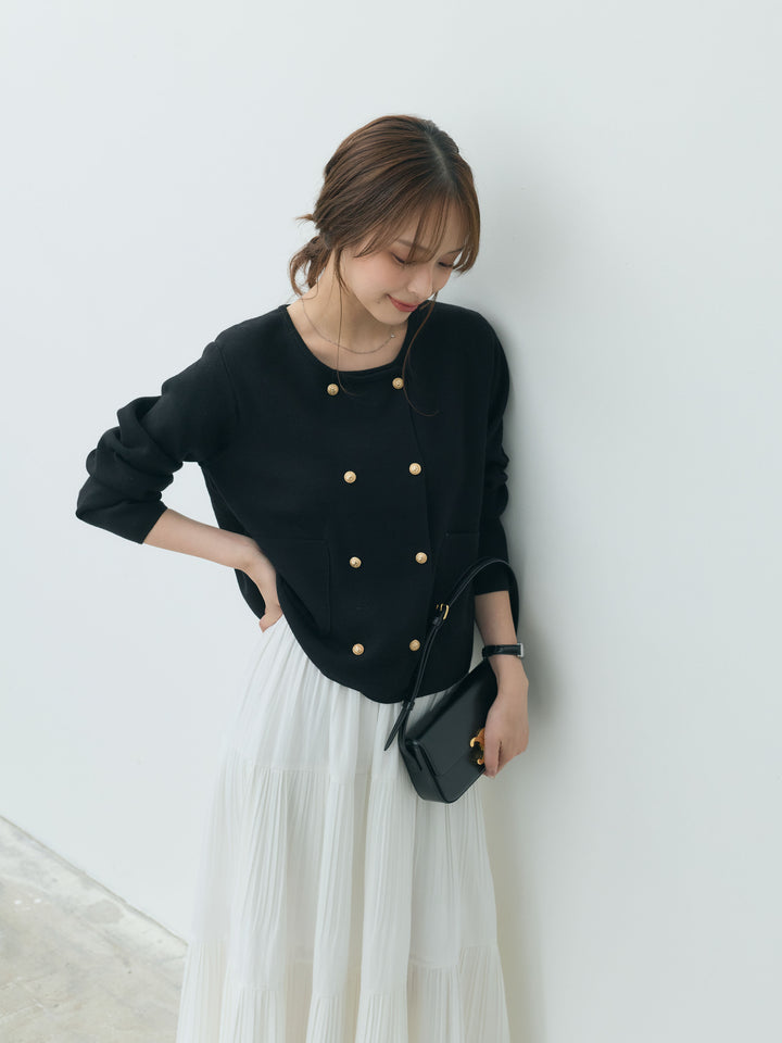 【SET】ダブルゴールドボタンクルーネックニットカーディガン+【Essential】Soft sheen tiered flare skirt(2set)