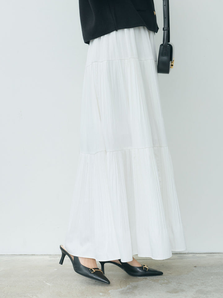 【Essential】Soft sheen tiered flare skirt