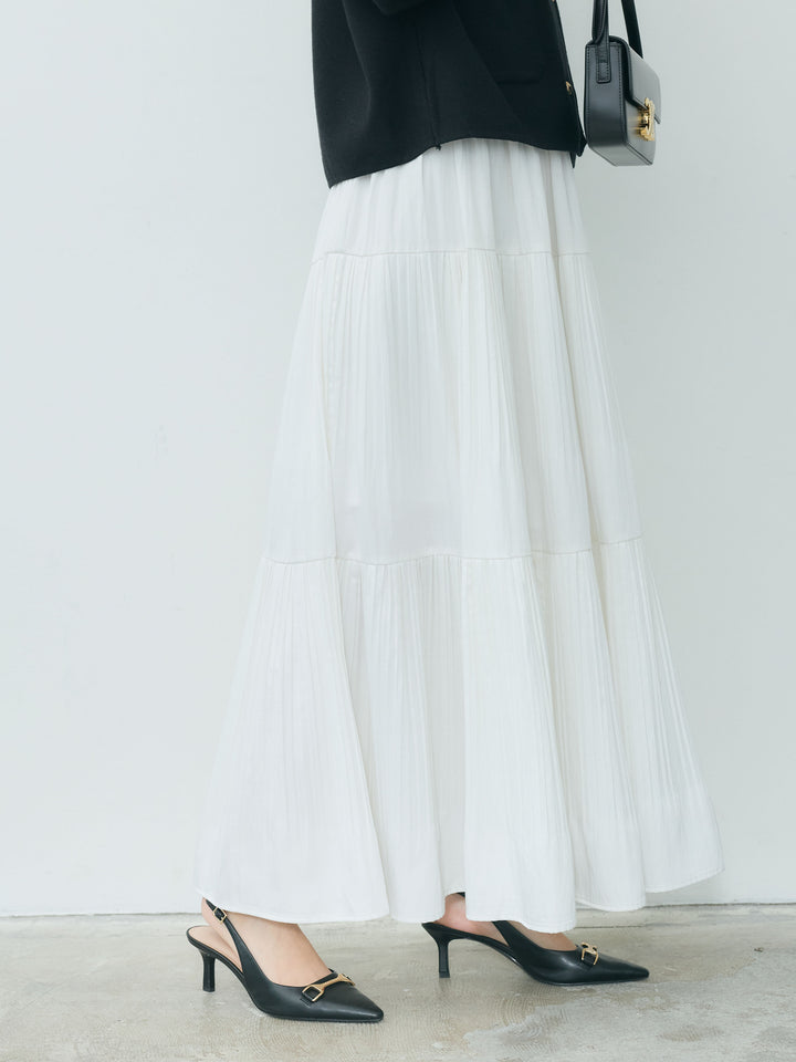 【Essential】Soft sheen tiered flare skirt