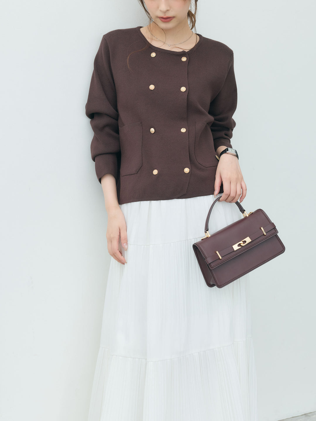 【SET】ダブルゴールドボタンクルーネックニットカーディガン+【Essential】Soft sheen tiered flare skirt(2set)