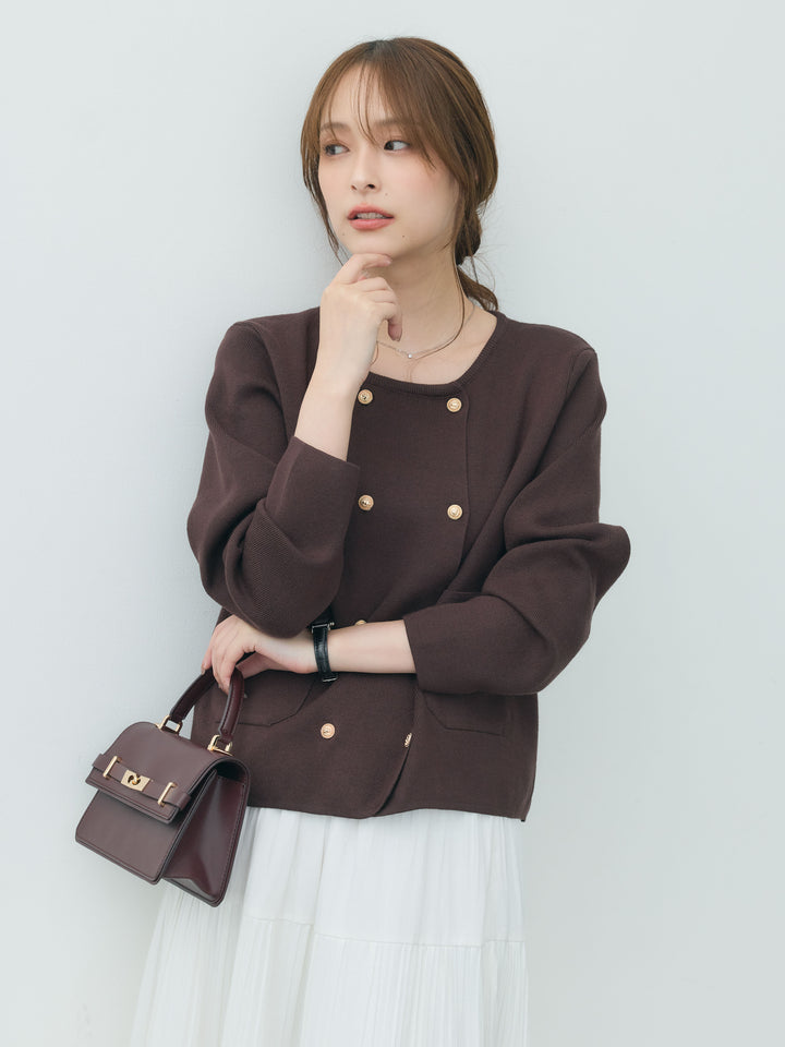 【SET】ダブルゴールドボタンクルーネックニットカーディガン+【Essential】Soft sheen tiered flare skirt(2set)
