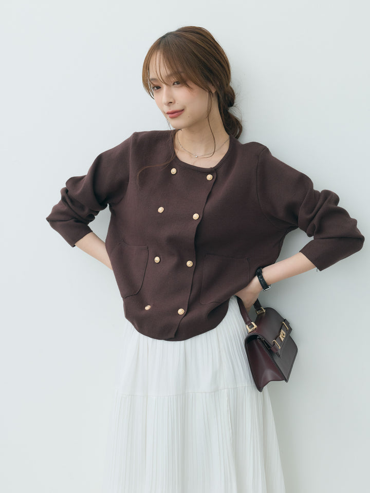 【SET】ダブルゴールドボタンクルーネックニットカーディガン+【Essential】Soft sheen tiered flare skirt(2set)