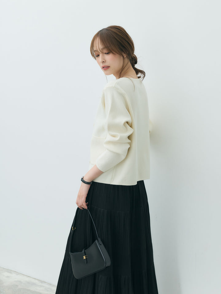 【SET】ダブルゴールドボタンクルーネックニットカーディガン+【Essential】Soft sheen tiered flare skirt(2set)
