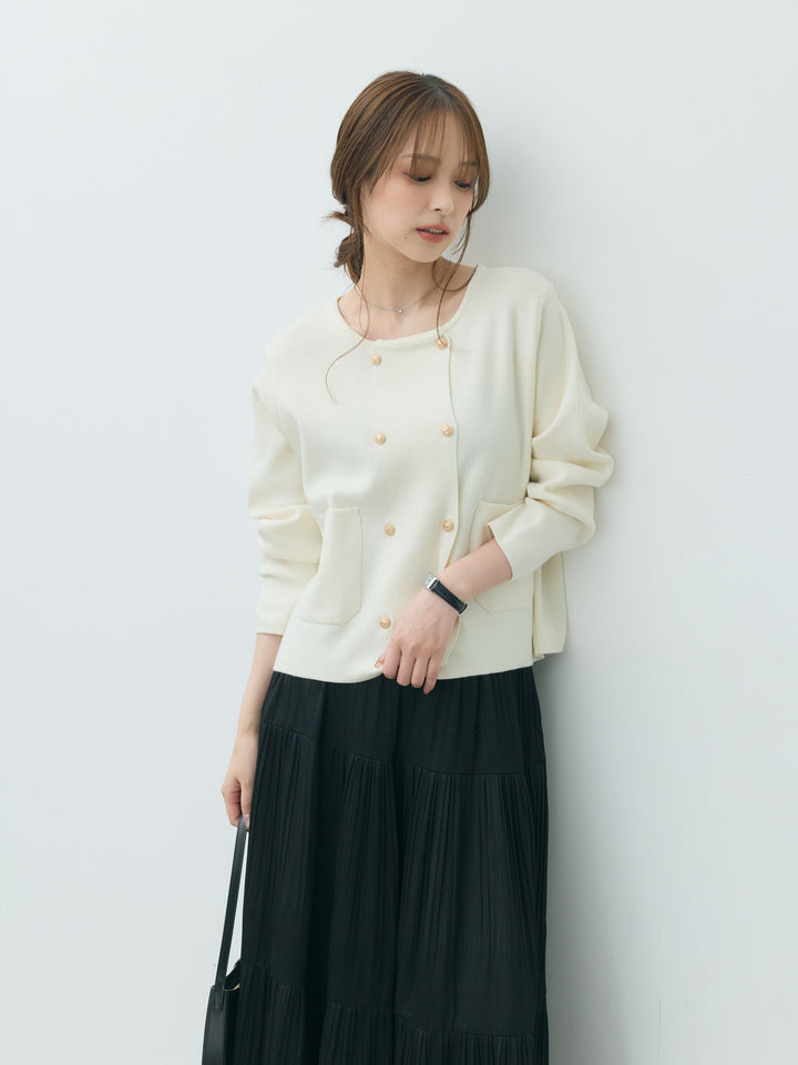【SET】ダブルゴールドボタンクルーネックニットカーディガン+【Essential】Soft sheen tiered flare skirt(2set)