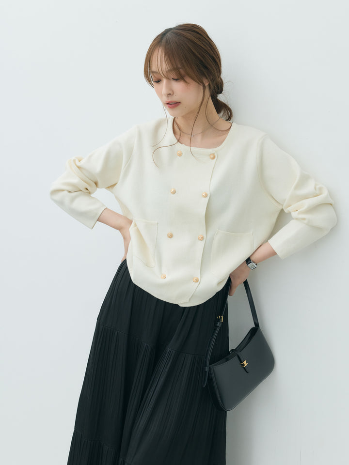 【SET】ダブルゴールドボタンクルーネックニットカーディガン+【Essential】Soft sheen tiered flare skirt(2set)