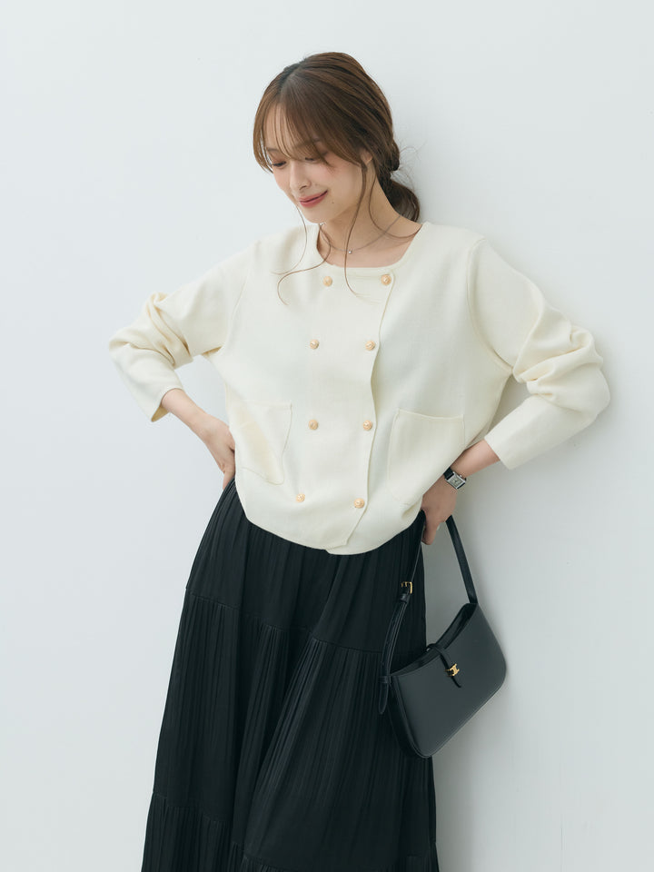 【SET】ダブルゴールドボタンクルーネックニットカーディガン+【Essential】Soft sheen tiered flare skirt(2set)