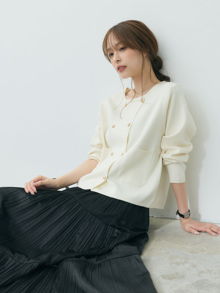 【SET】ダブルゴールドボタンクルーネックニットカーディガン+【Essential】Soft sheen tiered flare skirt(2set)