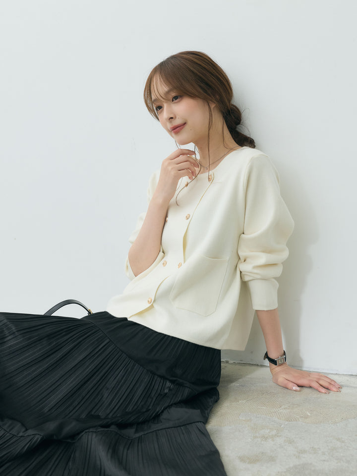 【SET】ダブルゴールドボタンクルーネックニットカーディガン+【Essential】Soft sheen tiered flare skirt(2set)