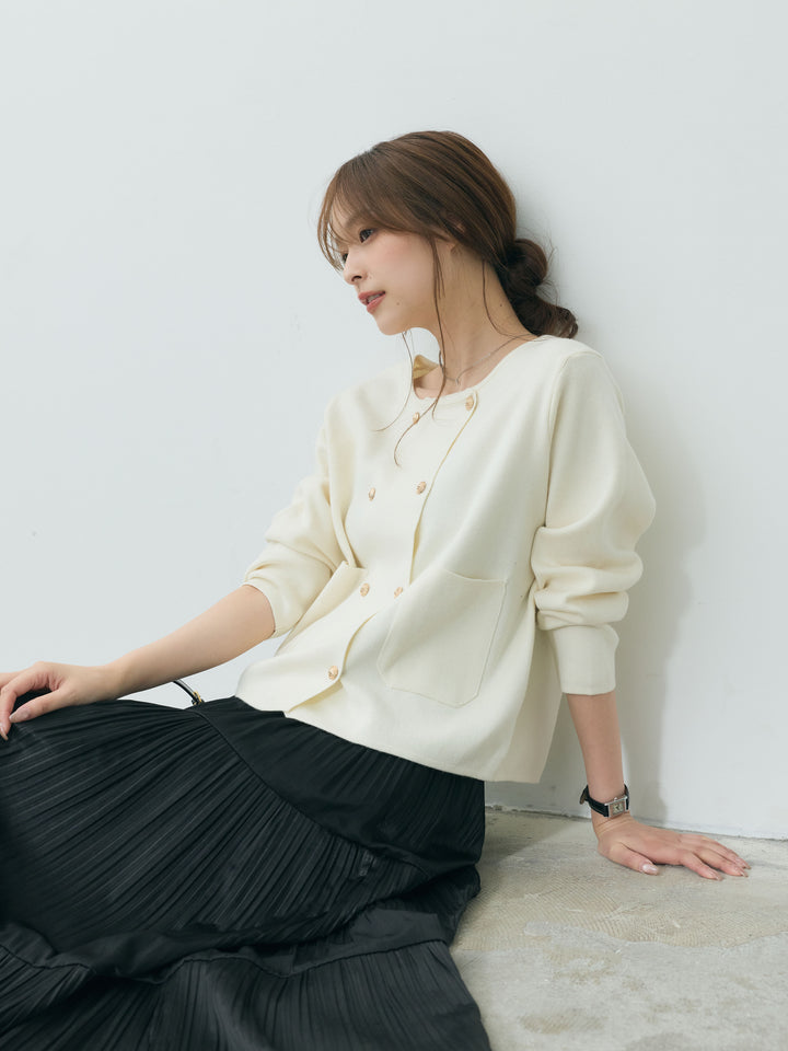 【SET】ダブルゴールドボタンクルーネックニットカーディガン+【Essential】Soft sheen tiered flare skirt(2set)