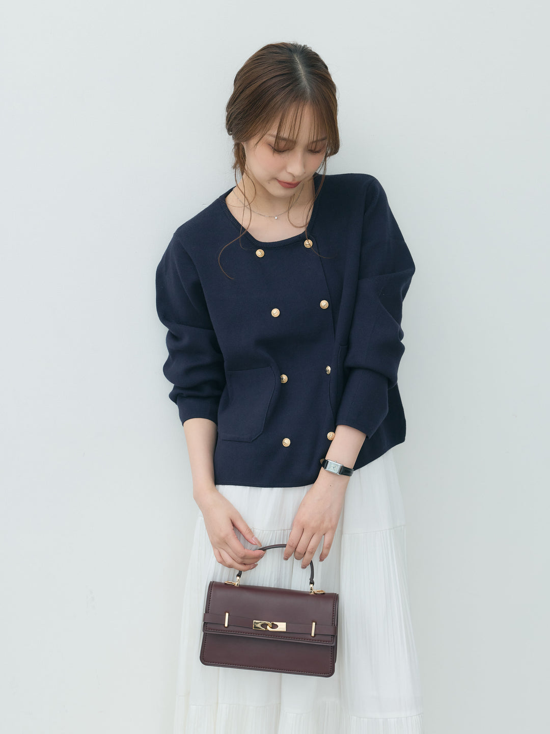 【SET】ダブルゴールドボタンクルーネックニットカーディガン+【Essential】Soft sheen tiered flare skirt(2set)