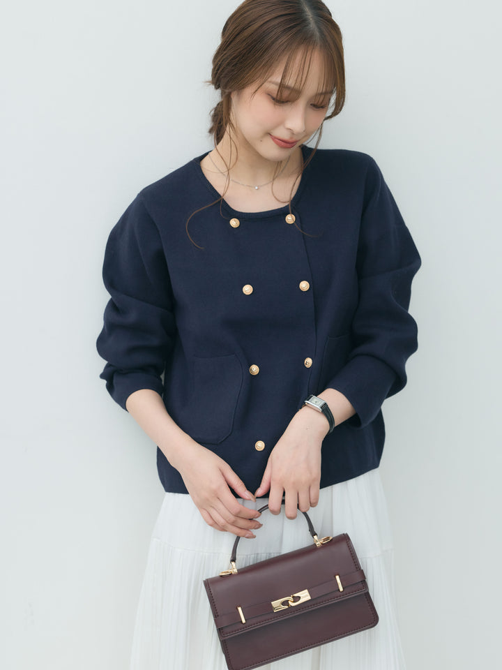 【SET】ダブルゴールドボタンクルーネックニットカーディガン+【Essential】Soft sheen tiered flare skirt(2set)