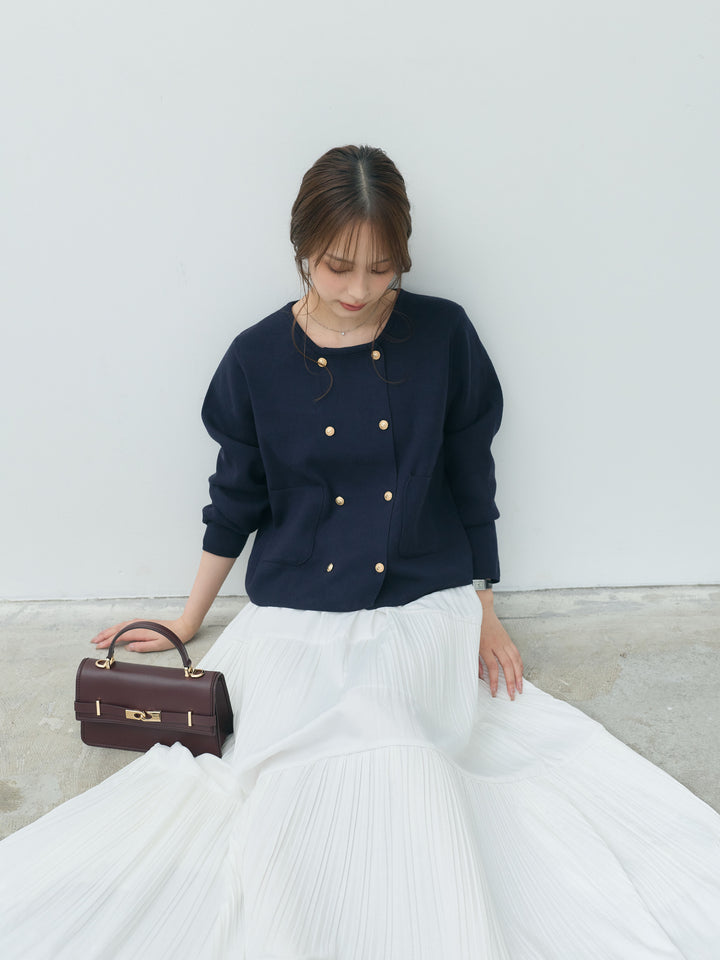 【SET】ダブルゴールドボタンクルーネックニットカーディガン+【Essential】Soft sheen tiered flare skirt(2set)