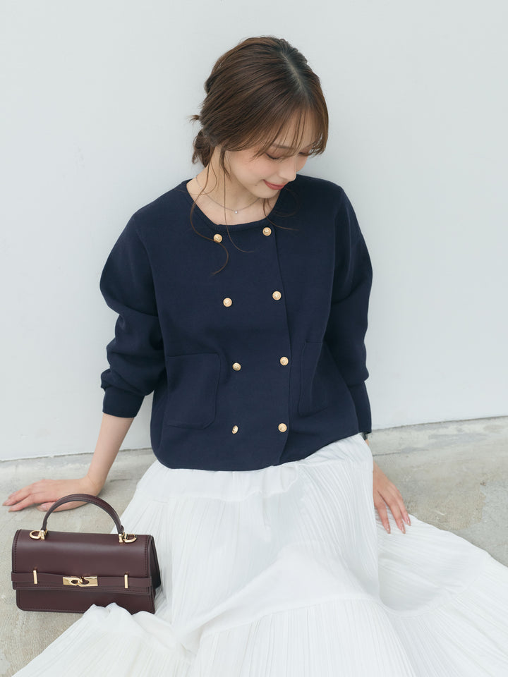 【SET】ダブルゴールドボタンクルーネックニットカーディガン+【Essential】Soft sheen tiered flare skirt(2set)