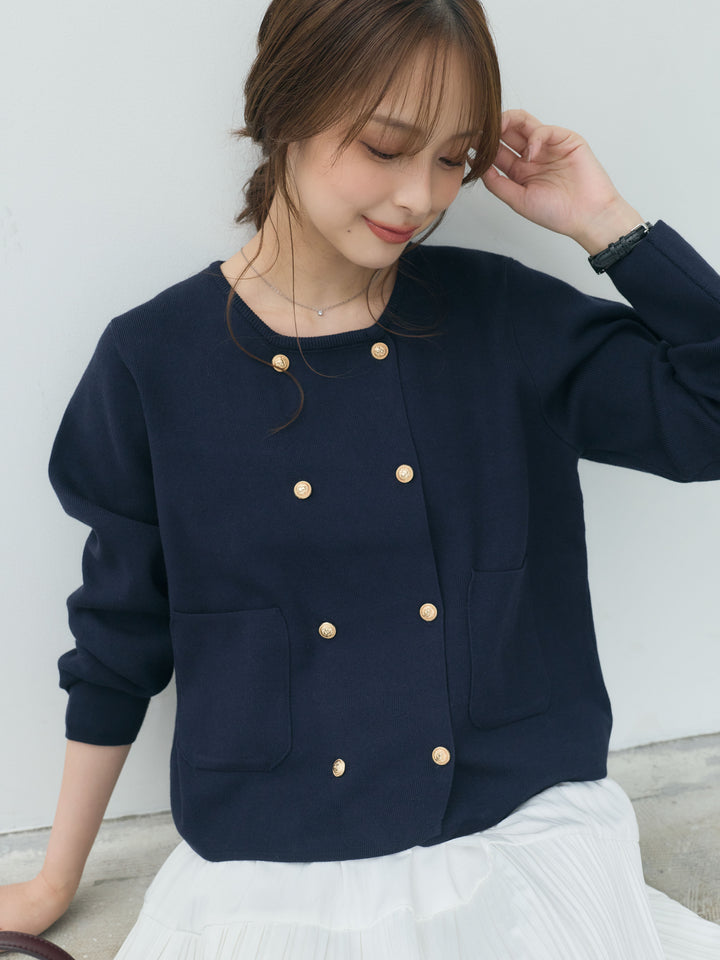 【SET】ダブルゴールドボタンクルーネックニットカーディガン+【Essential】Soft sheen tiered flare skirt(2set)