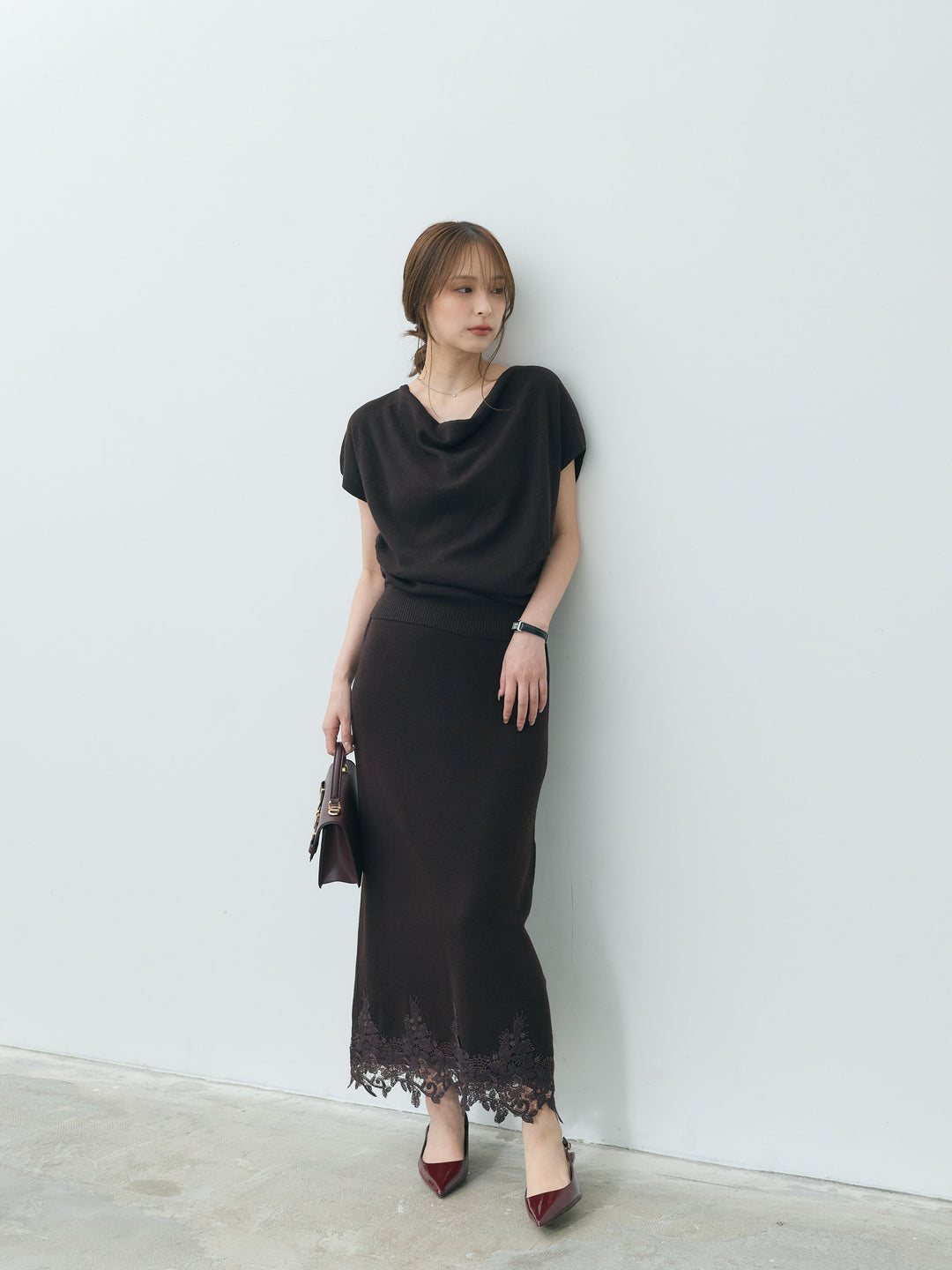 【Luxe series】ドレープニットトップス&裾レースニットスカートSET UP